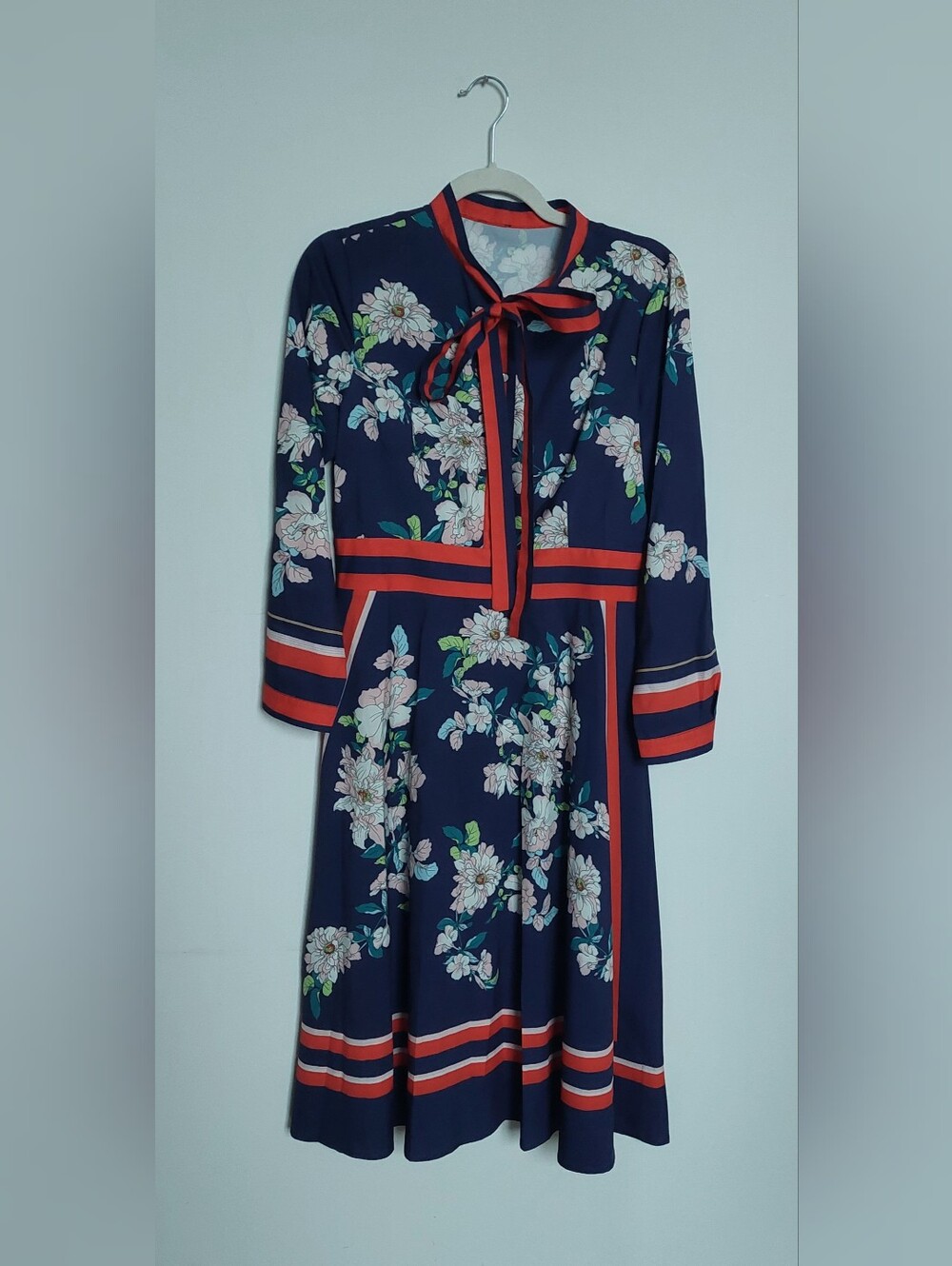 Floral Bow Tie Midi Dress Navy Orange Stripe 70s Style XS S